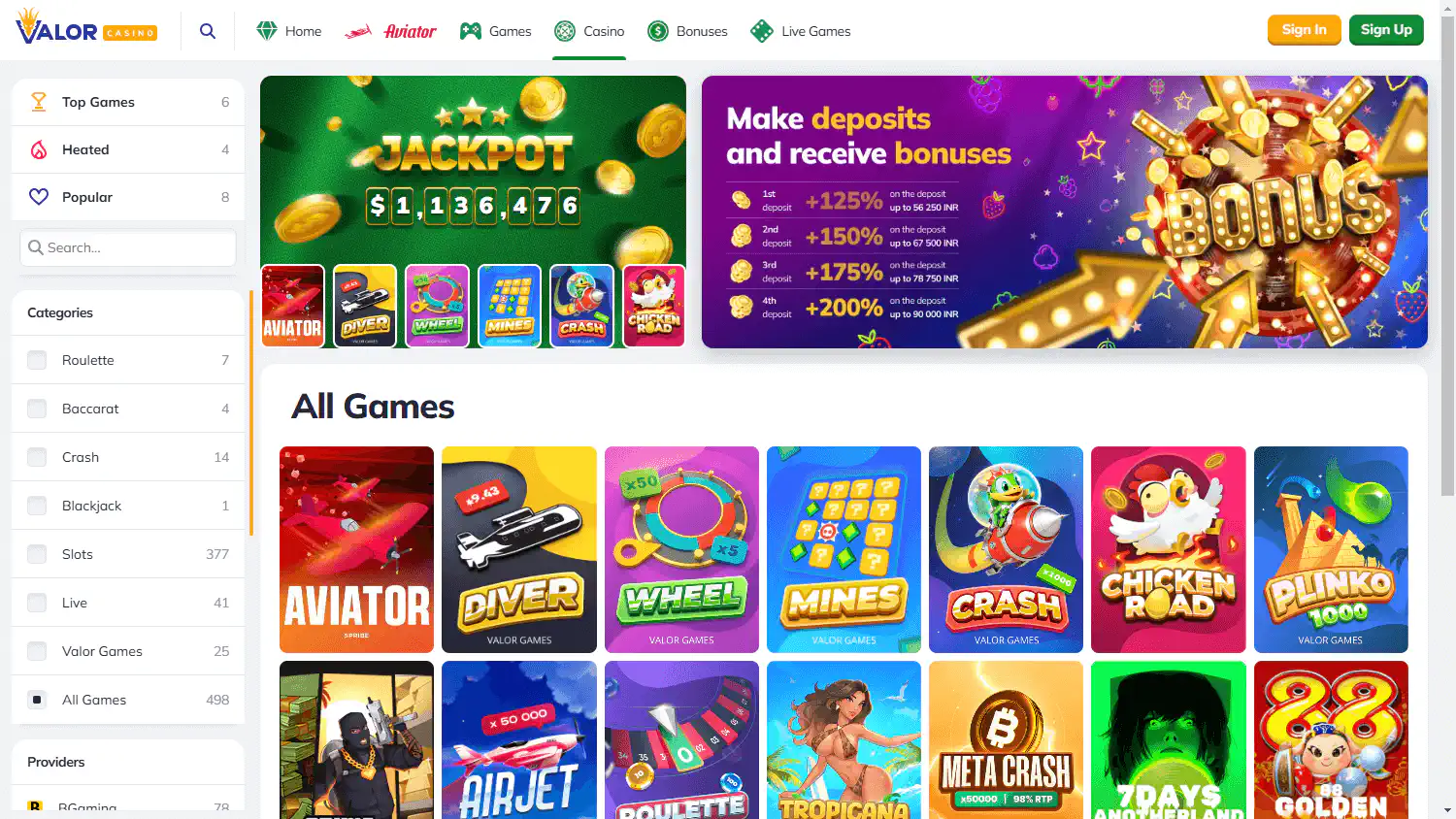 Valor Bet casino official site in India