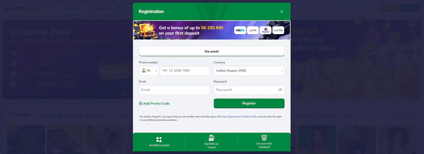 valorBet register account in India