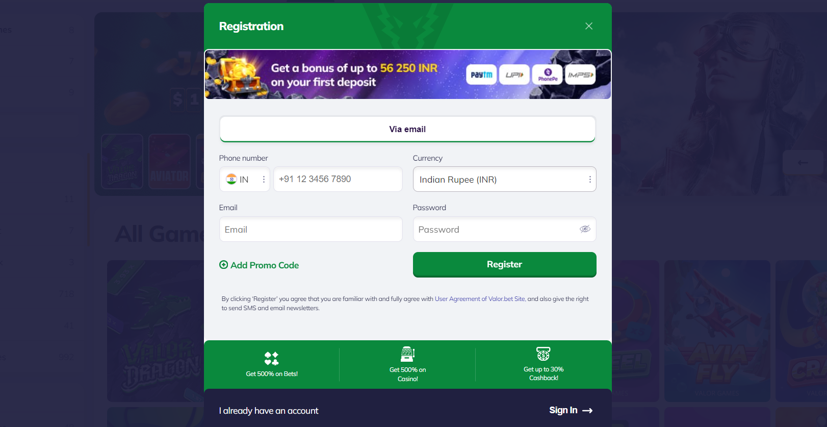 Valor casino registration steps